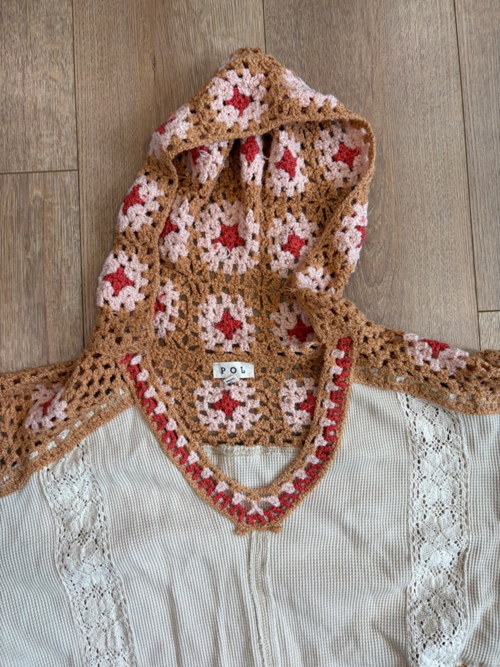 POL Crochet Patchwork Hoodie Top Boho Free People Style Thermal Lace Medium - Picture 6 of 8